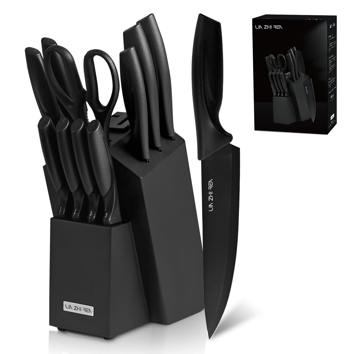 LIN ZHI REN 13-Piece Kitchen Knife Set with Knife Holder Rack, Built-in Sharpener, Ergonomic Handles, Dishwasher Safe, Black