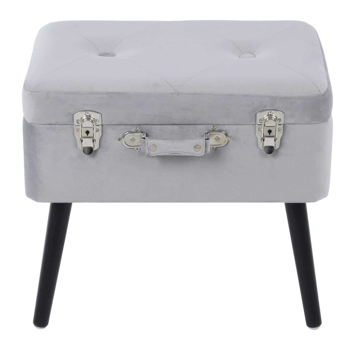 Hodge and Hodge Suitcase Storage Stool Velvet Padded Seat Black Legs Silver Latch Trunk Silver Grey