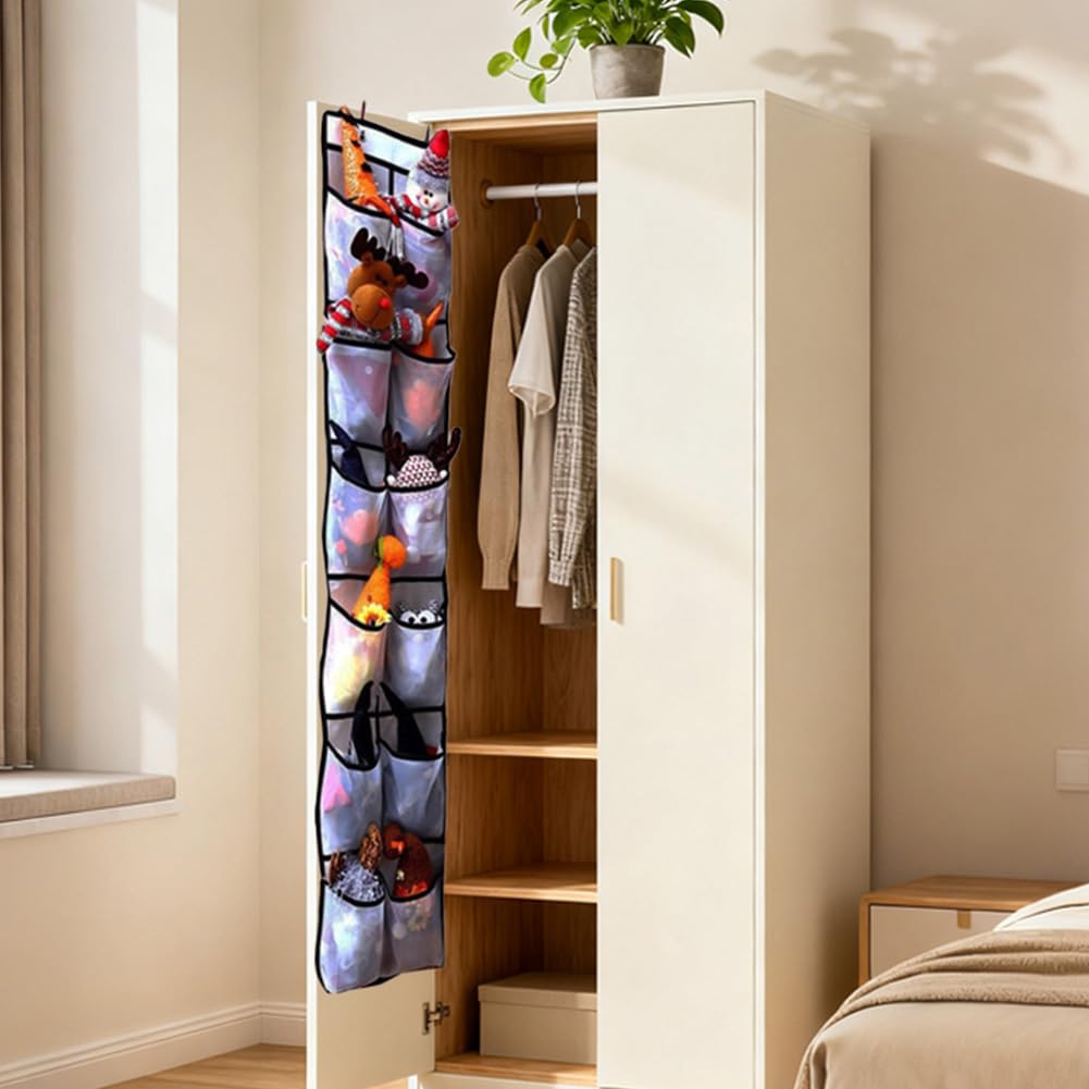 Nolvireth Hanging Shoe Storage, Over Door Shoe Storage Organizer, 12 Mesh Pockets, 2 Metal Hooks, Space Saving Shoe Holder