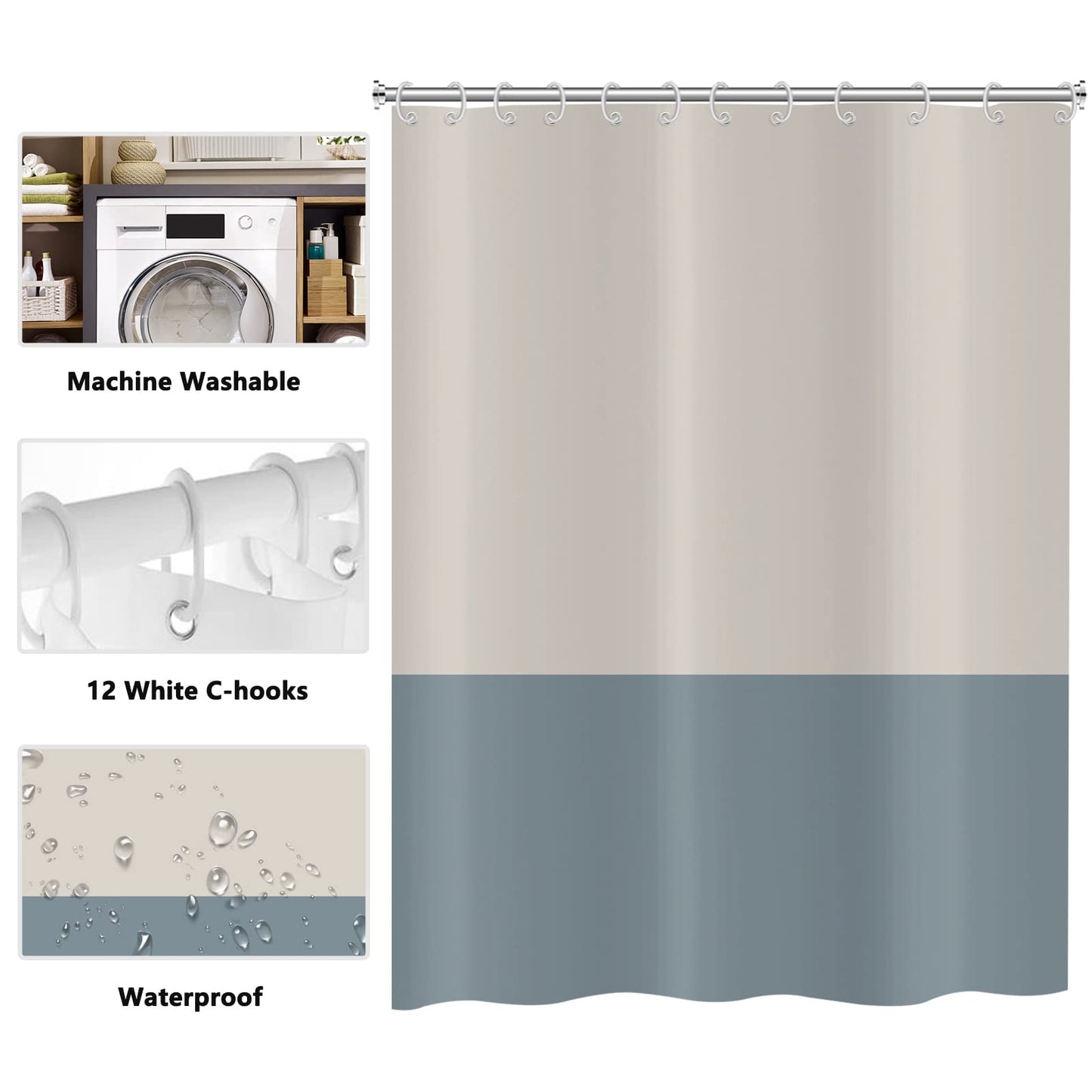 ASDCXZ Shower Curtain Blue 180x200 cm, Modern Beige Blue Splicing Motif Waterproof Textile Bath Shower Curtains Washable Polyester Fabric Shower
