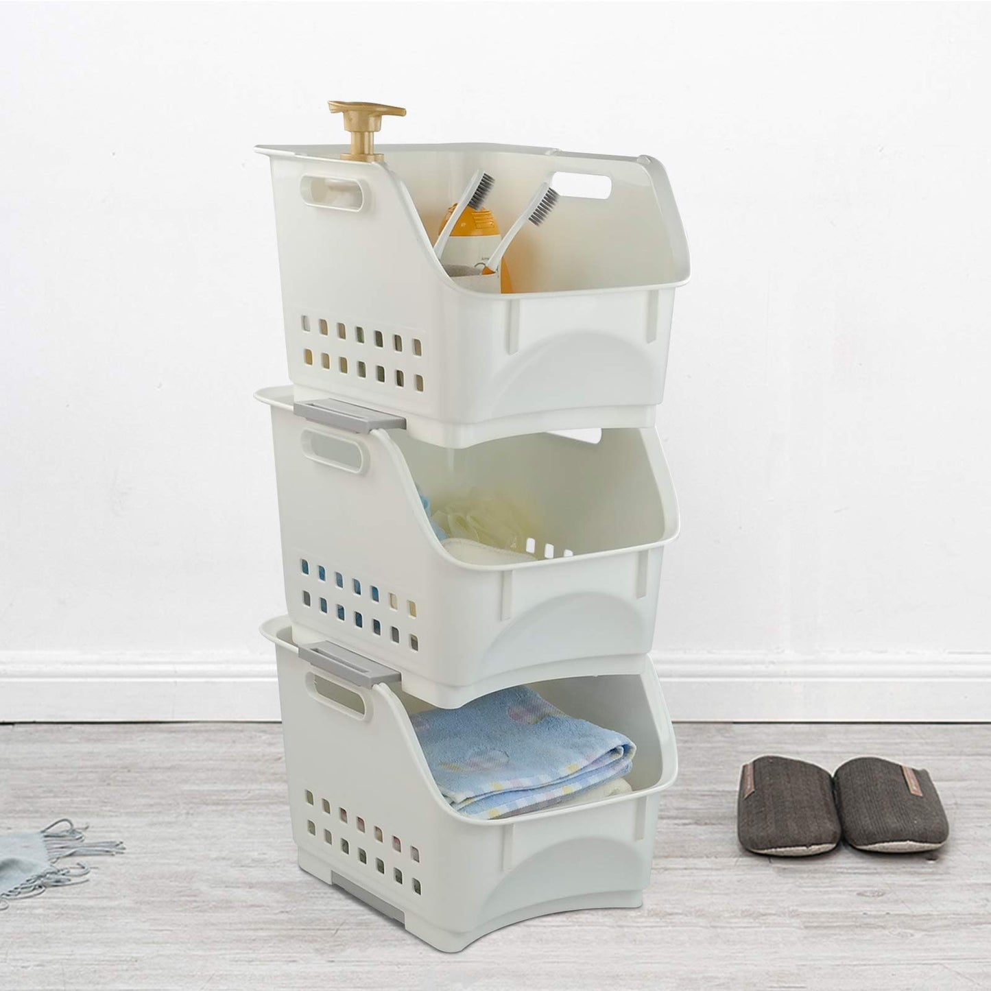 Zerdyne 3 Packs Plastic Stacking Storage Basket, White Stackable Storage Rack Baskets
