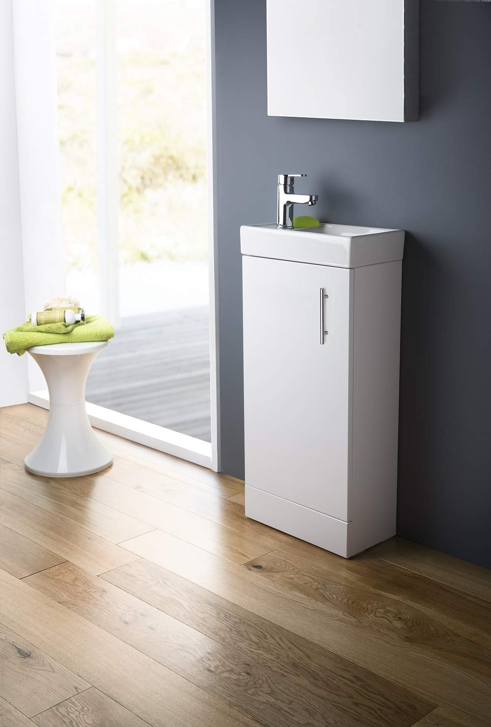 Nuie MIN010 Vault Modern Bathroom Single Soft Close Door Wall Hung Vanity Unit with 1 Tap Hole Ceramic Basin, 400mm, Woodgrain Charcoal Black