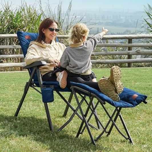 EVER ADVANCED Luxury Camping Chairs for Adults Heavy Duty High Back Oversized Folding Garden Chair Comfy Padded 6cm Loadable 150kg Camp Adjustable Dining Chairs 4-Position Recliner Deck Blue