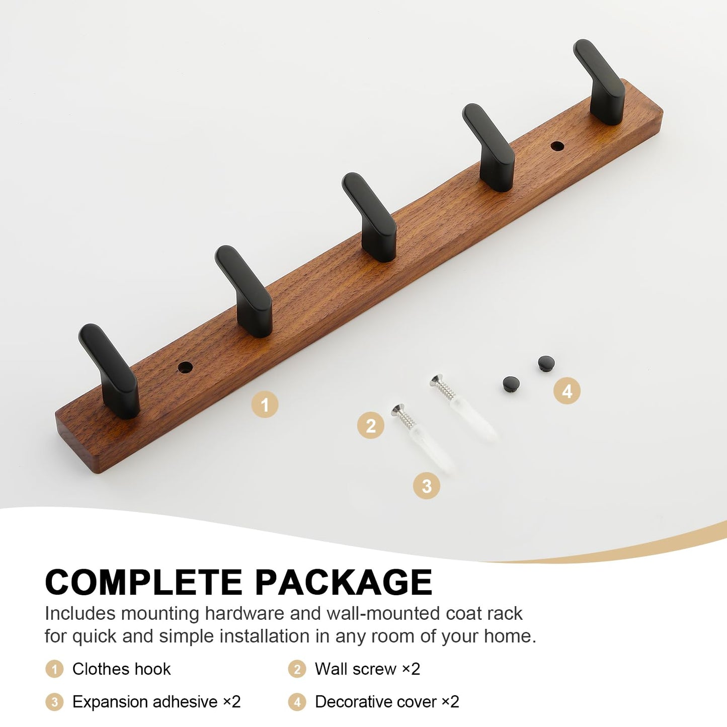 Coat Hooks Wall Mounted, Walnut Wood with 5 Heavy-Duty Aluminium Hooks