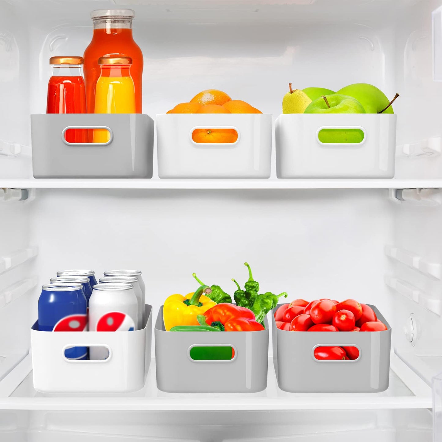 W&H 5 PCS Grey Plastic Storage Baskets with Handle, Rectangular Kitchen Organiser, Small Baskets for Storage, Plastic Boxes for Kitchen, Fridge