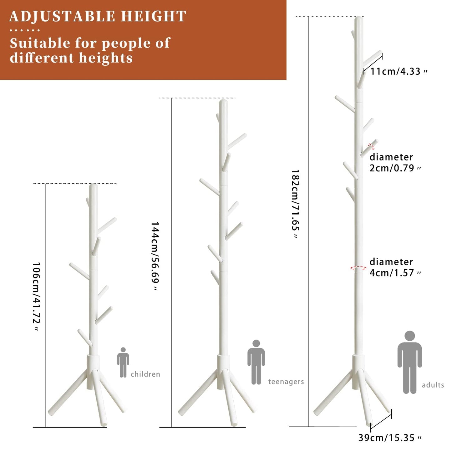 Aibiju Coat Rack Free Standing, Coat Tree With 8 Hooks and 3 Height Options, Wood Coat Hanger Stand, Suit for Adults,Kids, Home/Entryway/Hallway