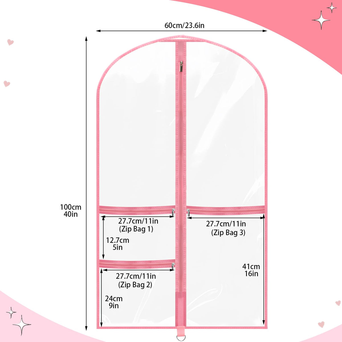 4 Pack Clear Dance Garment Bags 40" Dance Costume Bags with 3 Pockets,Pink