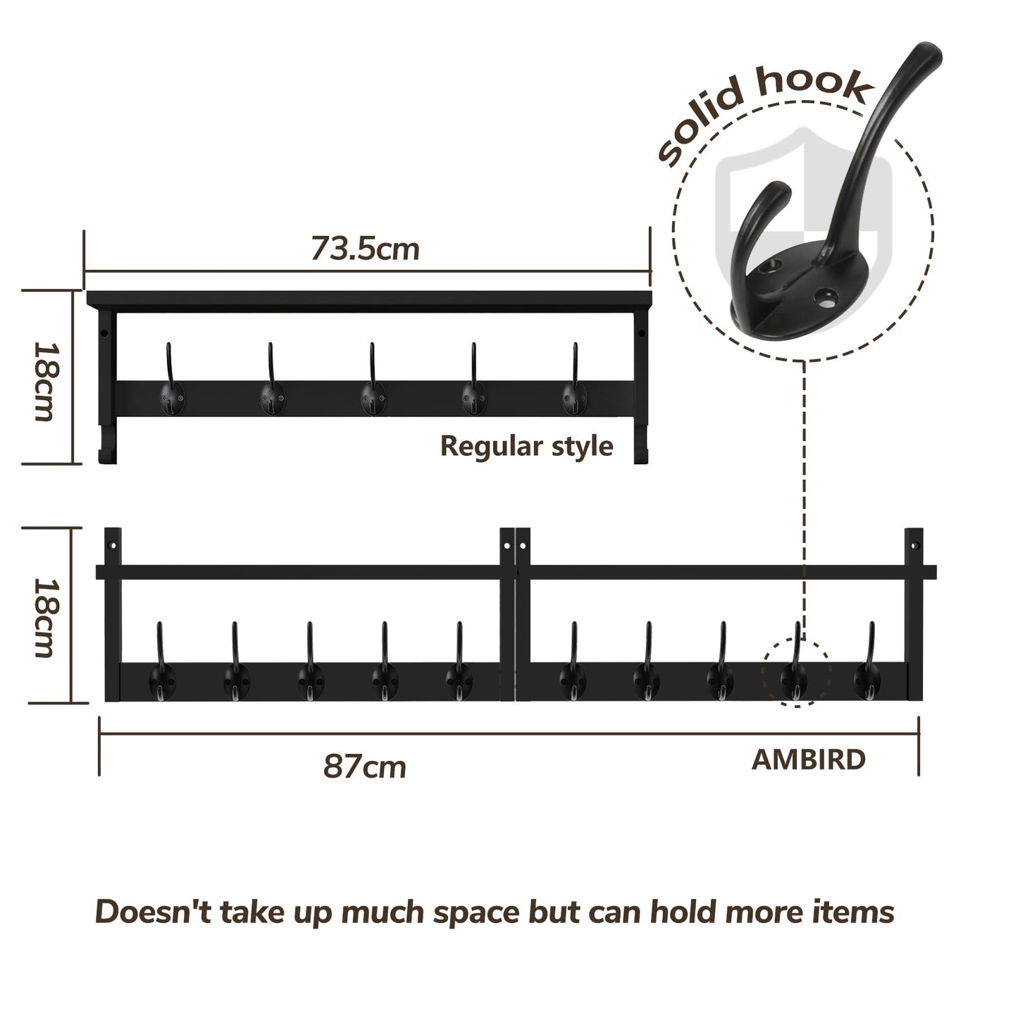 AMBIRD 87cm Extra Wooden Wall Coat Rack with Shelf - Elegant and Functional Wall-Mounted Storage Solution with 10 Hooks for Coats, Hats, Keys