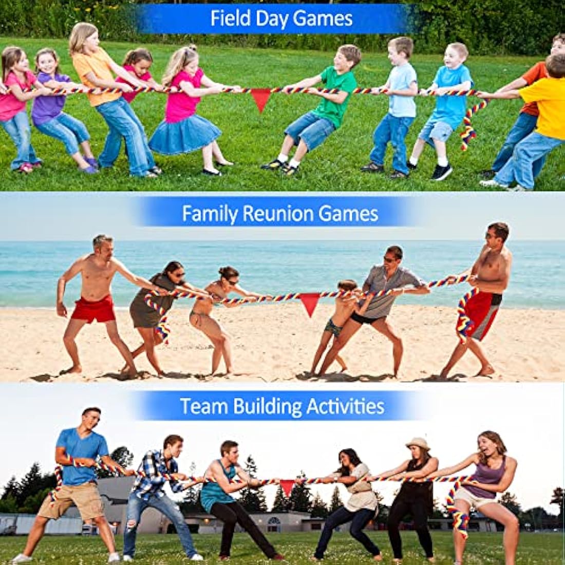 WYRJXYB Outdoor Games Sports Day Kit 18M Tug of War Rope for Kids Adult, Garden Field Day Birthday Party Games,Summer Camping Carnival Easter Game, Outside Yard Family Reunion Fun Games, Tricolor