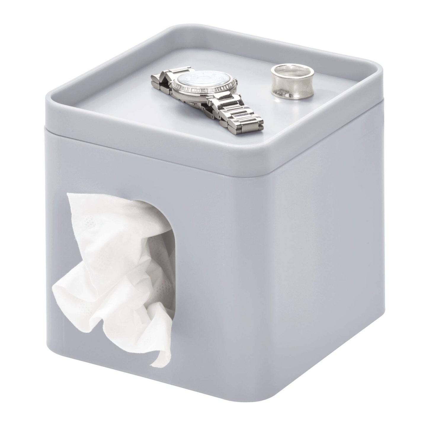 iDesign Tissue Box Cover, Small Tissue Box Holder Made of Plastic, Cover for Box of Tissues with Tray for Jewellery and Makeup, Grey