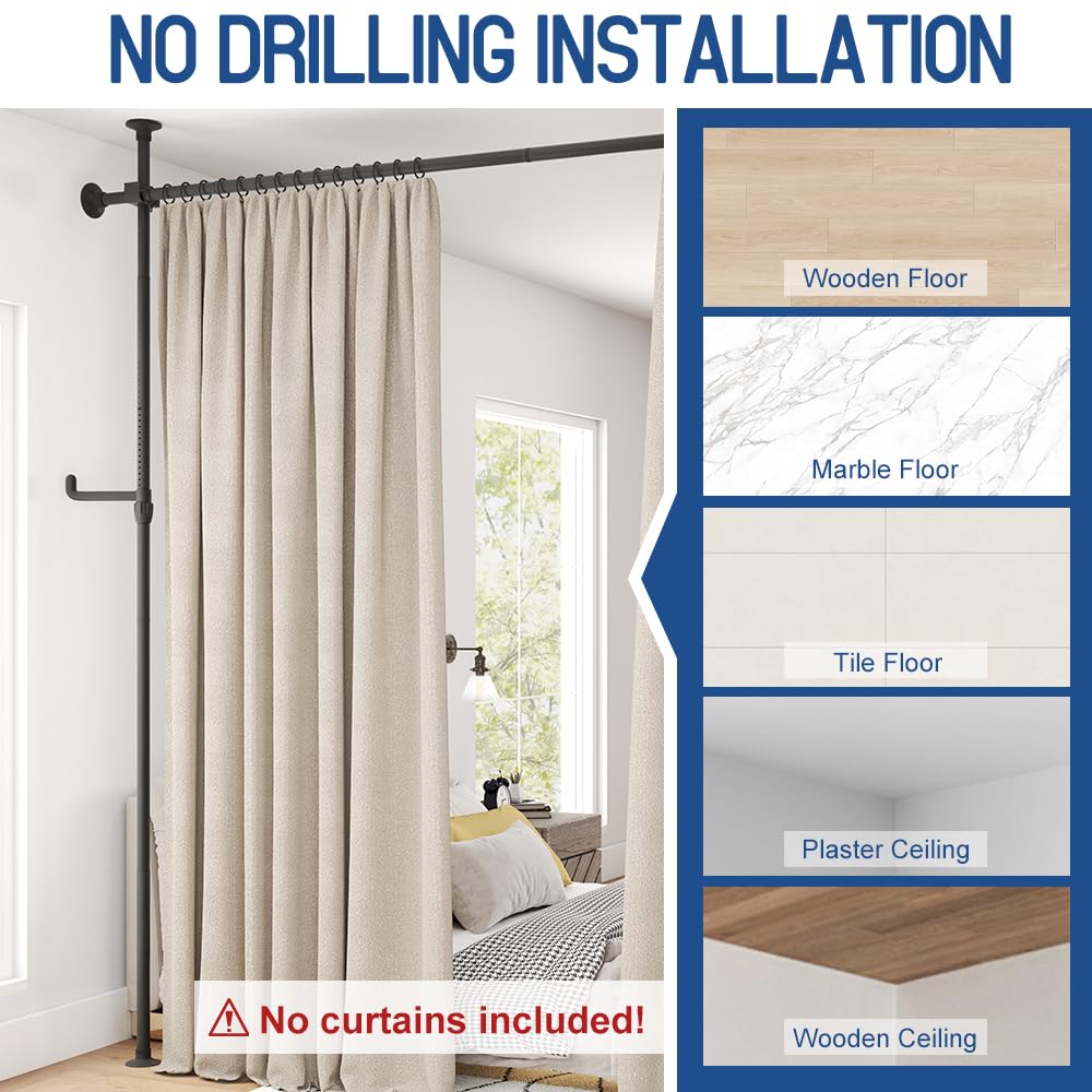 KELIXU Room Divider Curtain Rod No Drilling, 4-10ft (W) x 4-10ft (H) Room Partition with Hanging Hooks, Floor to Ceiling Divider for Room Separation