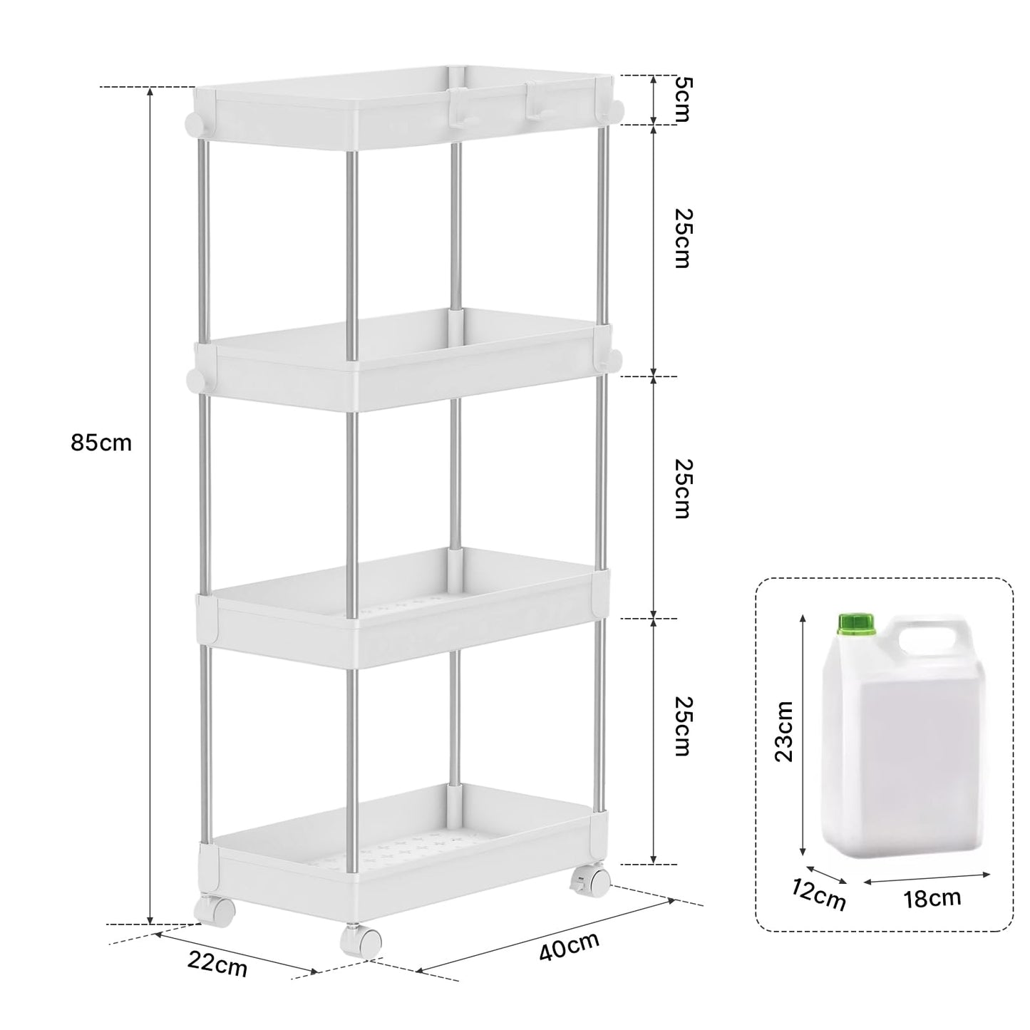 Mondeer Storage Trolley, 4-Tier Storage Rack with Wheels, Multifunctional Suitable for Office Kitchen Bathroom, W22 x D40 x H85cm, White