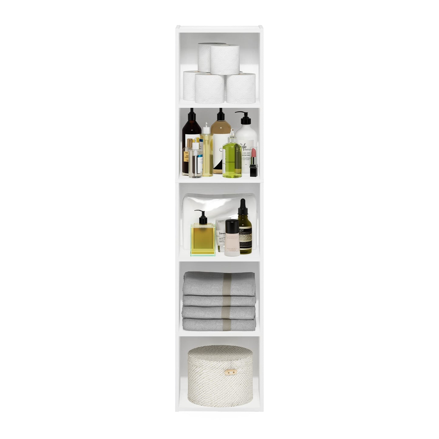 Furinno PASIR Book Shelf, 5-Tier Modern Bookshelf, Open Shelves Bookcase 9 x 12 x 52, for Living Room, Bedroom, Home Office, White