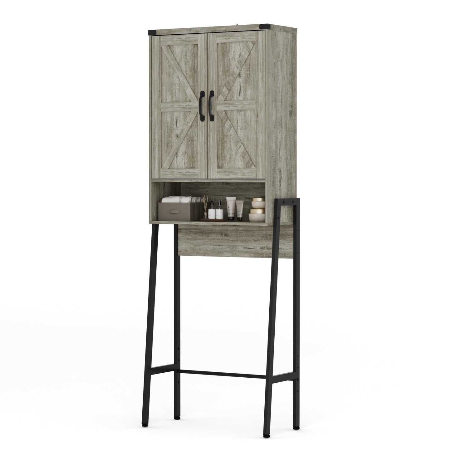 BonVache Over Toilet Storage Cabinet with 2 Doors and Open Shelve, Bathroom Storage Unit Metal Legs for Modern Home, Grey