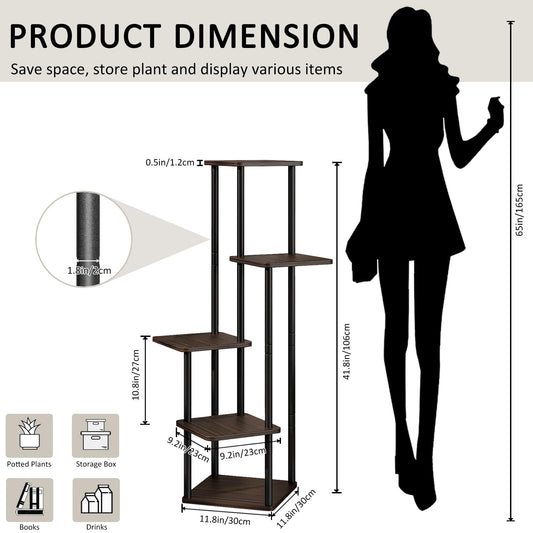 VASZOLA 5 Tier Wood Tall Plant Stand, Metal Rack with Multiple Flower Pot Holder Shelves, Planter Shelf Display Rack Storage Organizer for Balcony