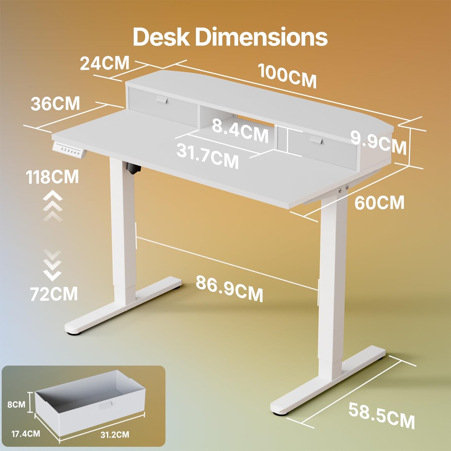 HUANUO Standing Desk with Drawers, 100x60cm, White