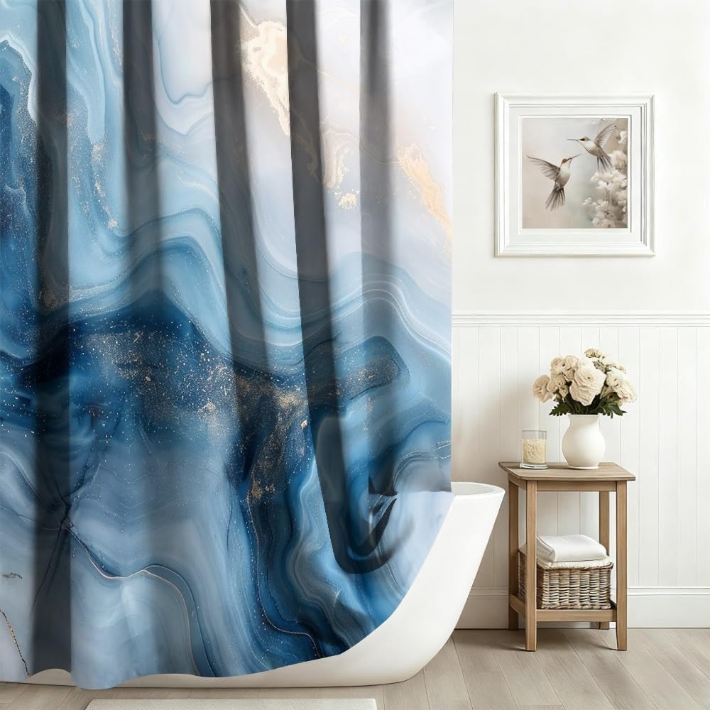 Xiaoterna Marble Shower Curtain Blue Marble Shower Curtain Modern Abstract Blue Gold Marble Waterproof Bathroom Curtain Modern Luxury Art Shower