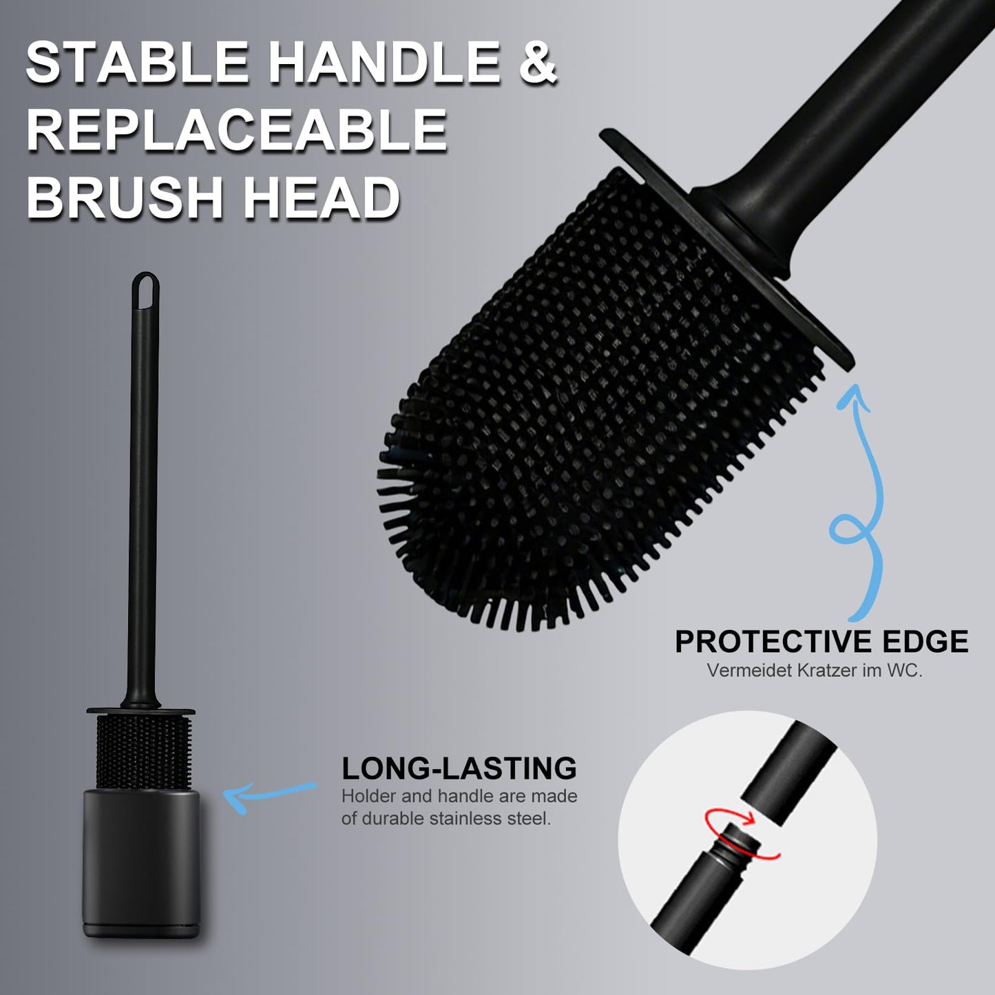 Silicone Toilet Brush Wall Mount Flat Flexible Head Bathroom Set