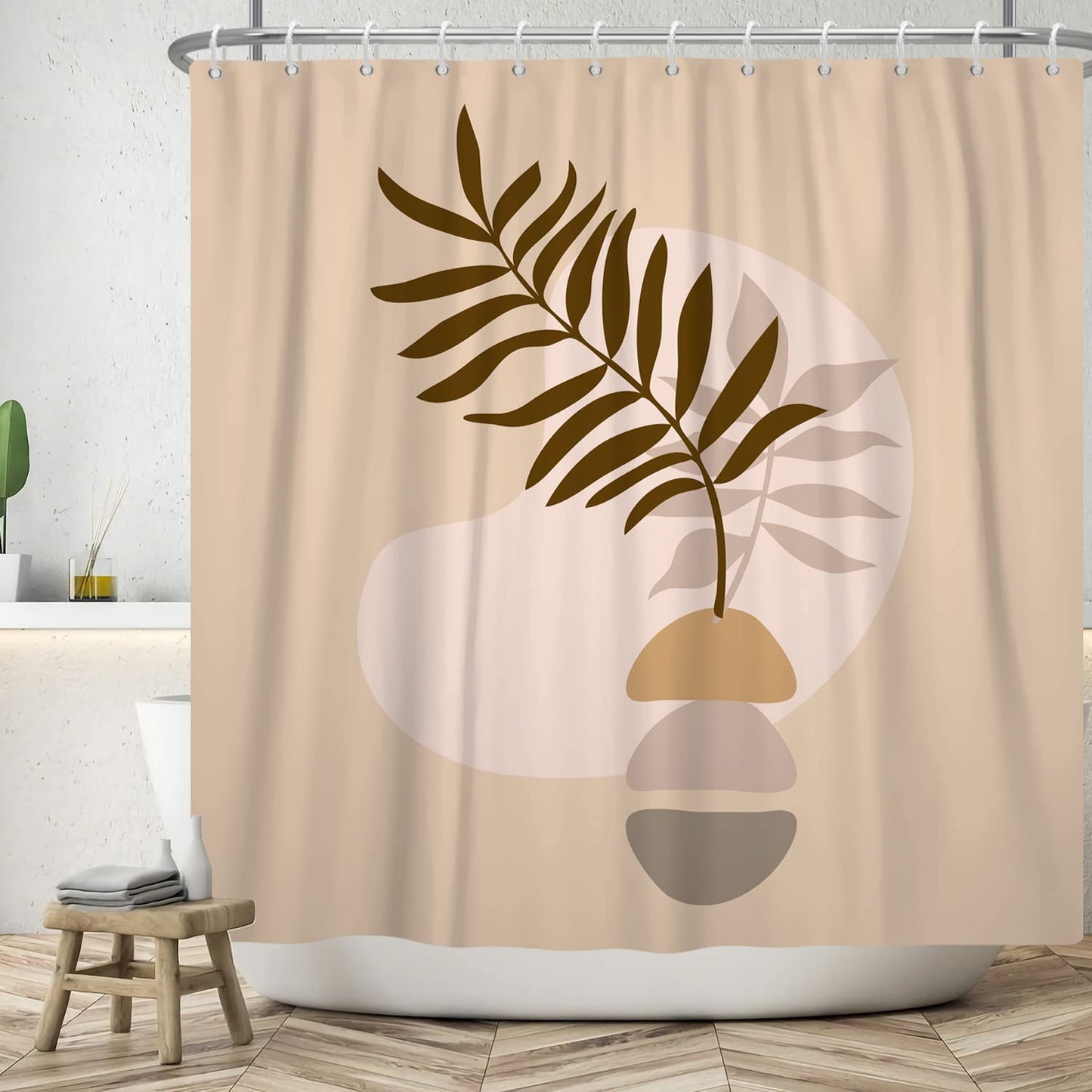 ASDCXZ Boho Shower Curtain 180x180 cm, Modern Abstract Art Boho Style Brown Leaves Beige Bath Washable Shower Curtains Polyester Textile Waterproof