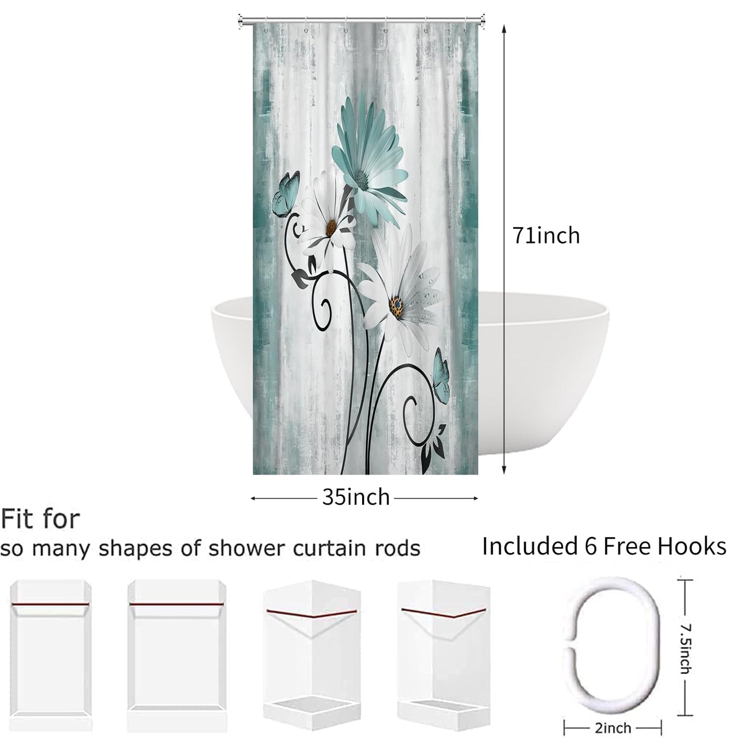 Hnmdmyi Farmhouse Floral Shower Curtain 90x180, Rustic Turquoise Daisy Flowers and Butterfly on Country Wooden Board Bathroom Curtains Waterproof