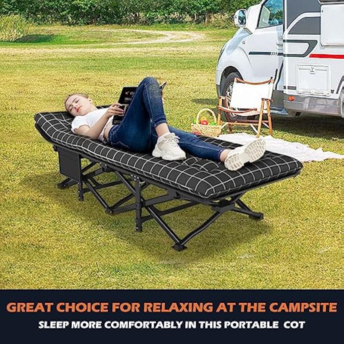ATORPOK SHOP Camp Beds for Adults with Cushion, Comfortable Travel Camping Cot for Sleeping, Portable Tent cot with Carry Bag Supports 450 lbs (Black)