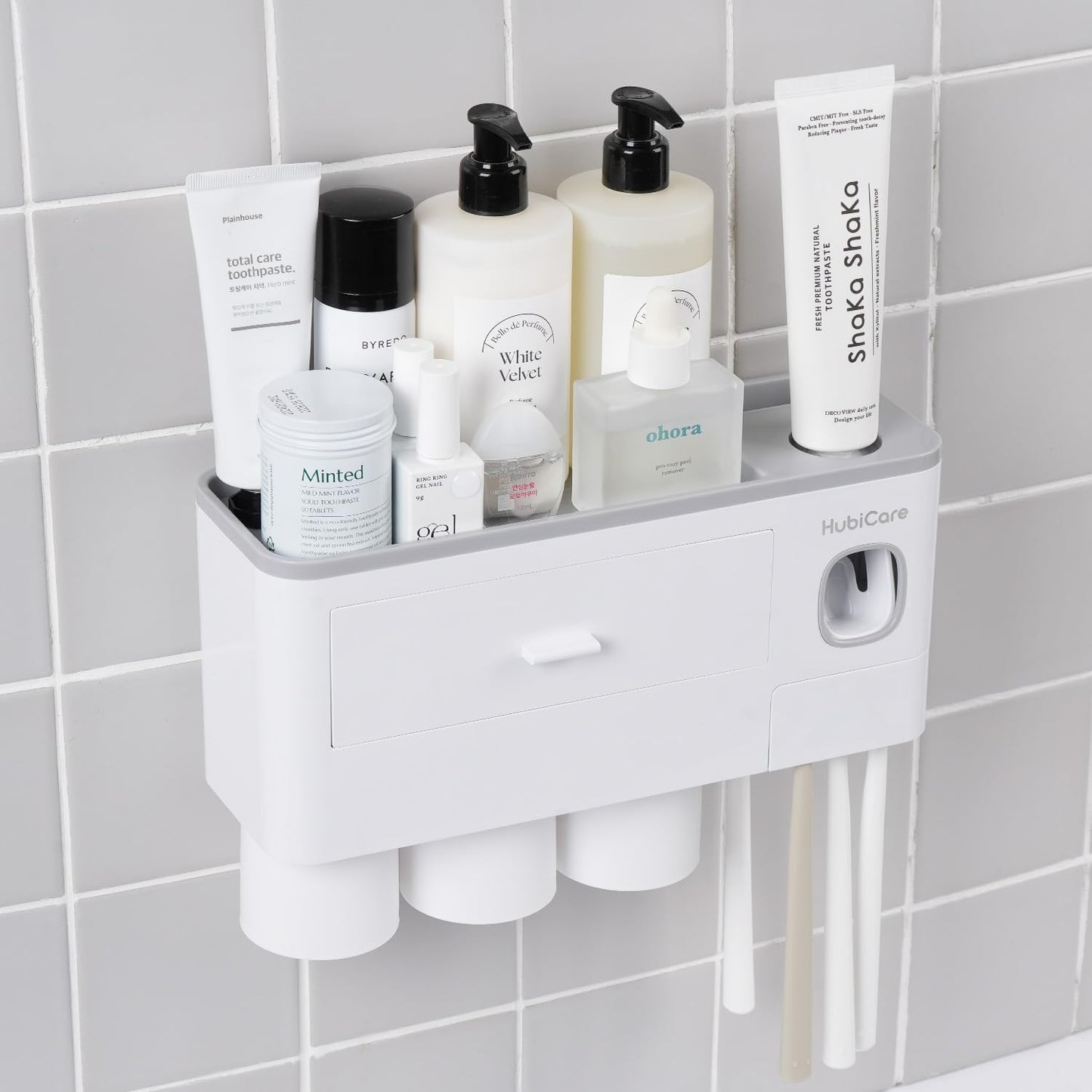 HubiCare Toothbrush Holder with Toothpaste Dispenser Wall Mounted for Bathroom, Automatic Toothpaste Squeezer, Bathroom Organization and Storage, 5
