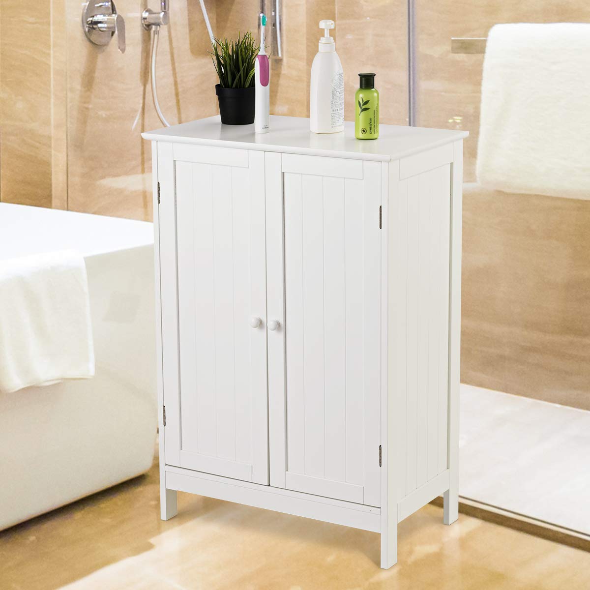 CASART Bathroom Floor Cabinet, Freestanding Storage Cupboard, Double Door Wooden Storage Organizer Unit for Bathroom Living Room Bedroom (White)