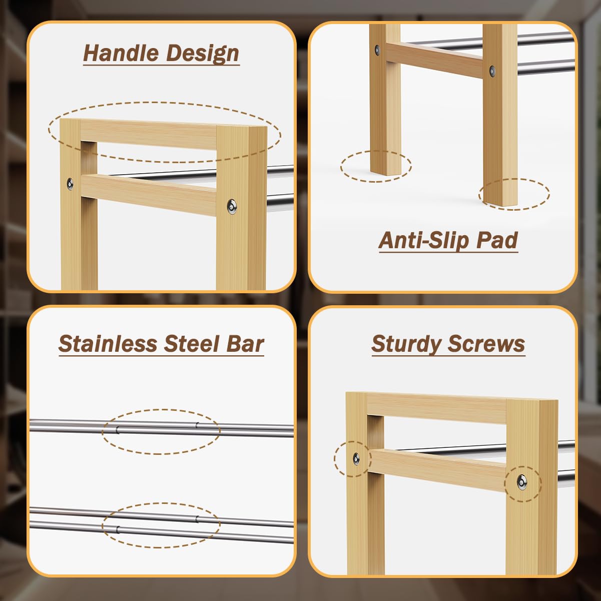 LEMIKKLE Shoe Rack Wooden, 2-Tier Oak Shoe Rack Expandable Stainless Steel Design, Ideal for Small Shoe Storage for Narrow Space