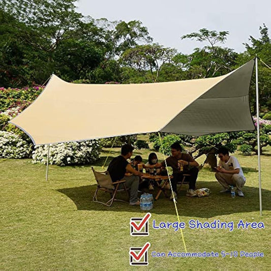 5m X 5m Large Camping Tarps Waterproof Hammock Rain Fly Multipurpose Hexagon Tarpaulin Shelter Tent Groundsheet Outdoor Tarp Awning Canopy (Without Pole)