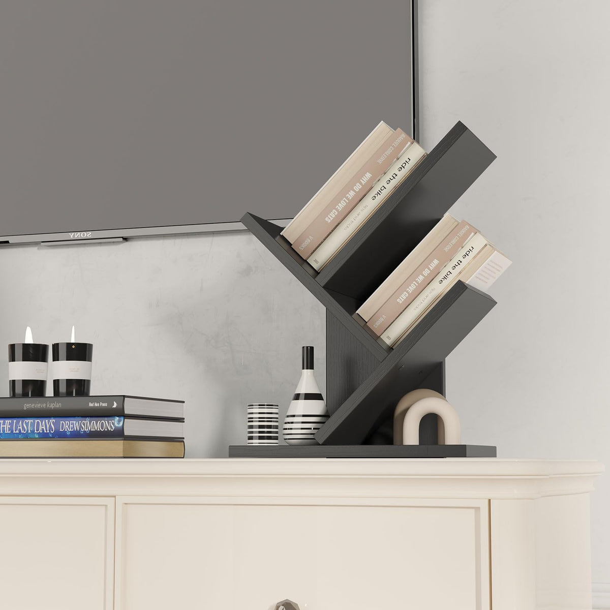 YMYNY 2 Tier Tree Bookshelf, Small Bookcase, Modern Wood Book Storage Rack Organizer, Freestanding Book Shelf for Books/Movies/CDs