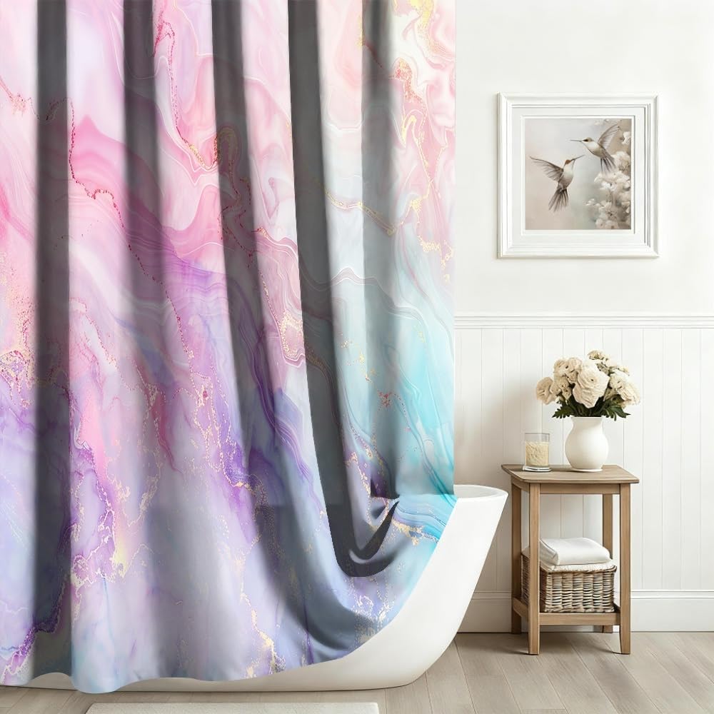 Xiaoterna Marble Shower Curtain Colorful Blue Pink Purple Gold Glitter Marble Shower Curtains Luxury Watercolor Ink Art Bathroom Curtains Washable