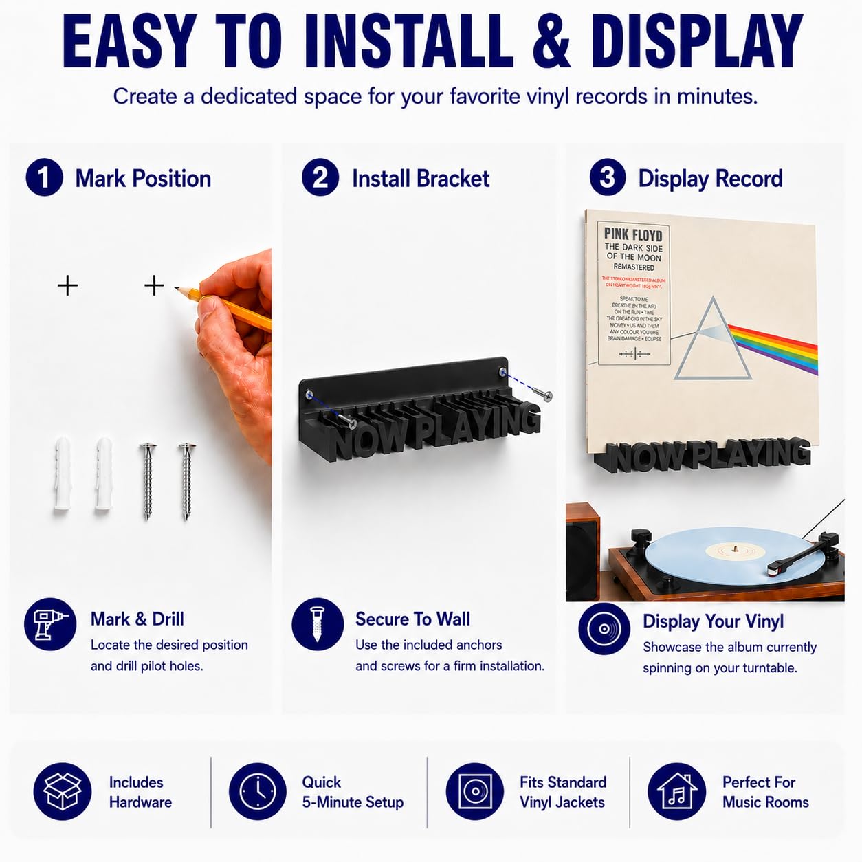WPESI Now Playing Vinyl Record Stand, Wall Mount Display for Albums, Hanging Record Storage Holder (Black)