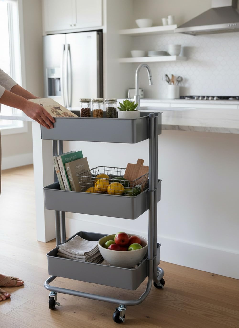 ASPECT Lena 3-Tier Storage Rolling Cart, for Office/Beauty Salon/Home, Grey, 43x35x78.5cm