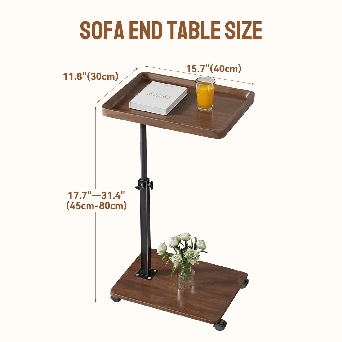 YYW Adjustable C Shaped Side Table with Wheels, 360° Swivel Sofa Table