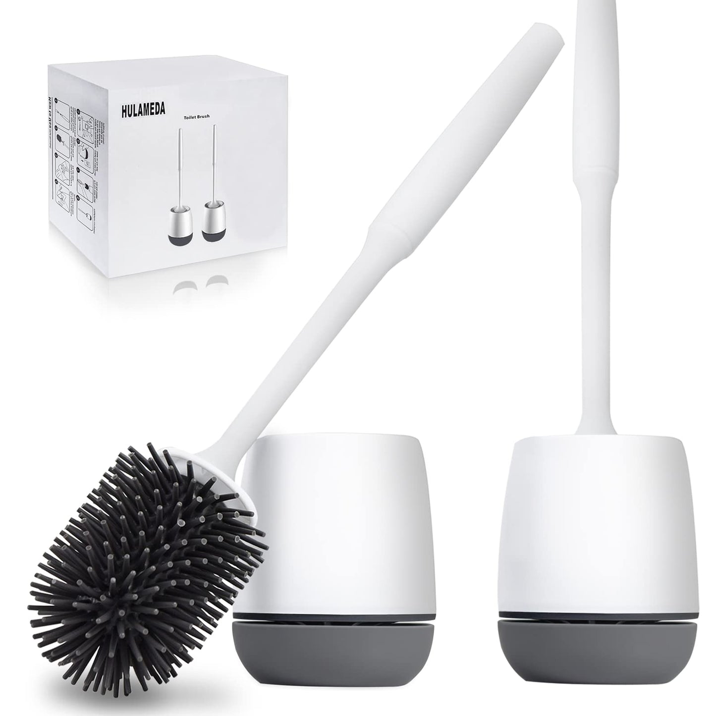 Hulameda Toilet Brush and Holder 2 Pack, Silicone Toilet Cleaning Brush with Quick Drying Holder, 3.2 x 5.5 Inches, Gray & White, (Flooring/Mounted