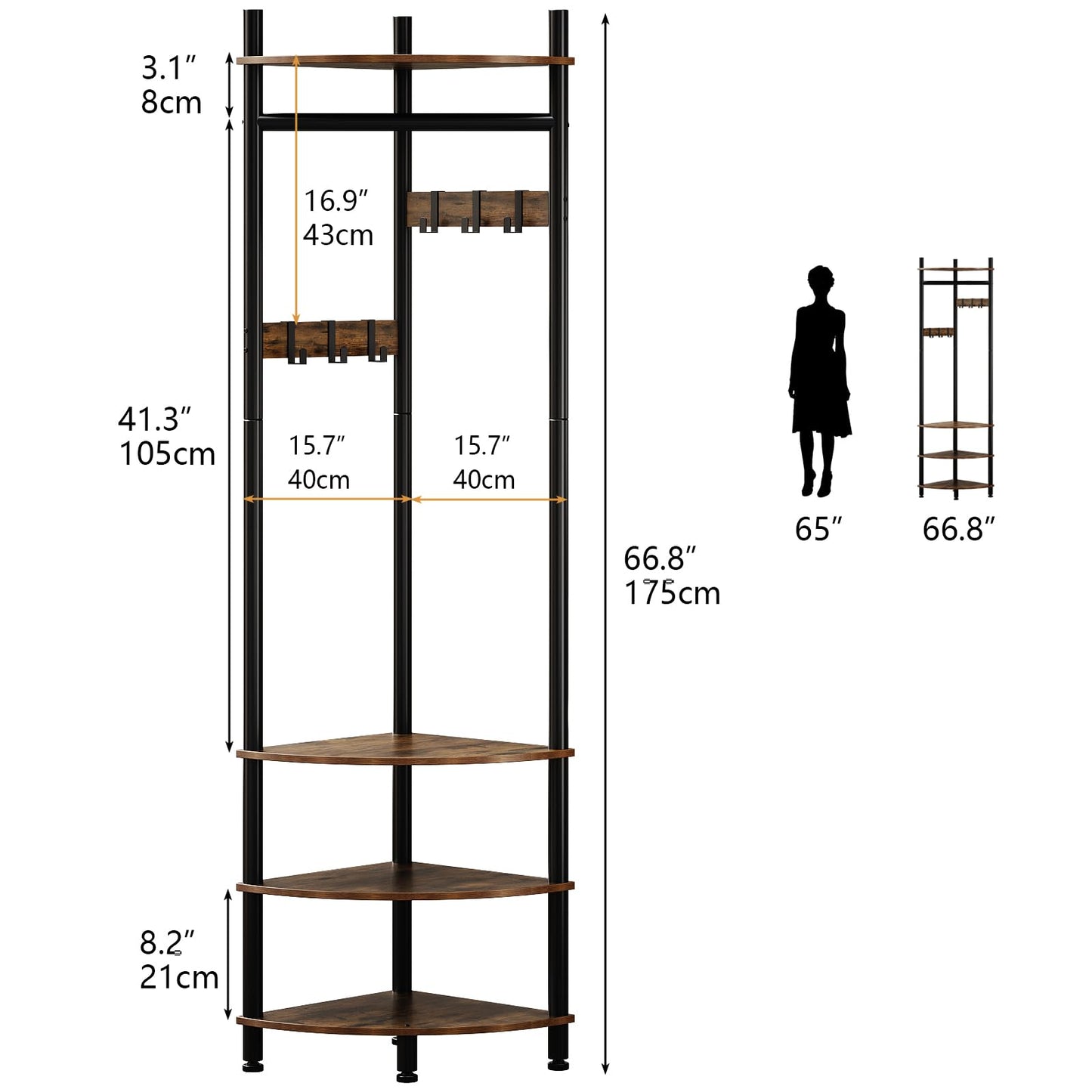 VEDECASA Corner Hall Tree Coat Rack with 4-Tier Shelves & Shoe Bench – Freestanding Corner Entryway Storage with 6 Movable Hooks
