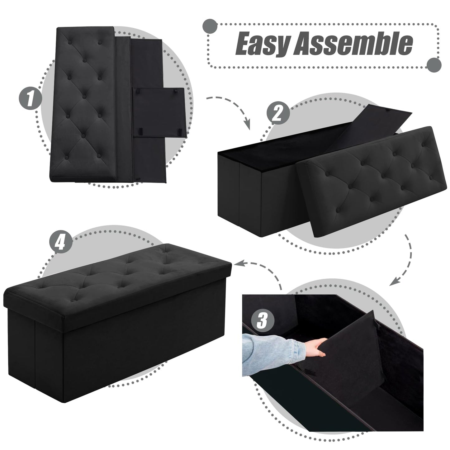BRIAN & DANY Folding Storage Ottoman Bench, Velvet Large Ottoman Storage Box for Living Room and Bedroom 110 x 40 x 40 cm, Black