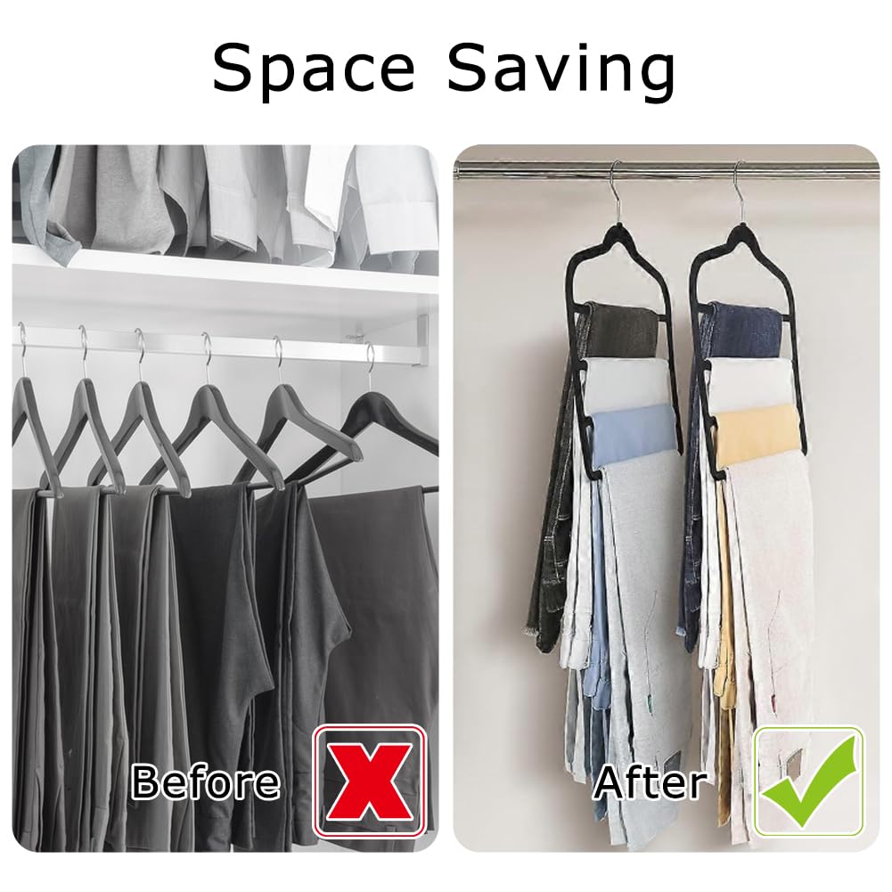 2PCS Velvet Trouser Hangers, Trouser Hanger Space Saving, Black Velvet Hanger, Multiple Layer Wardrobe Organiser for Pants, Jeans, Scarves