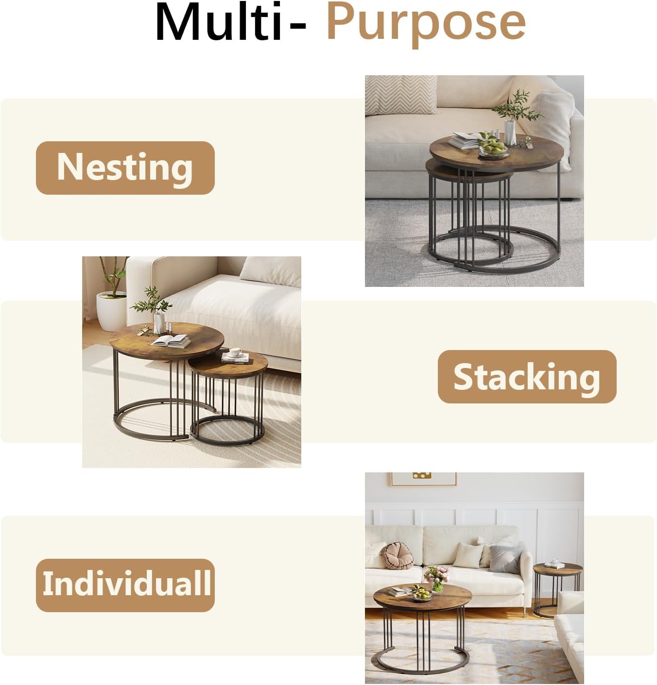 Huhote Round Coffee Tables, Set of 2 End Table, Nesting Tables, Side Table with Metal Frame for Living Room/Bedroom/Balcony/Office/Apartment