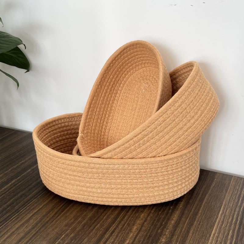 Set of 3 Cotton Rope Storage Baskets - Small Brown Oval Organizers for Bathroom, Nursery & Home, Handmade Woven (Brown)