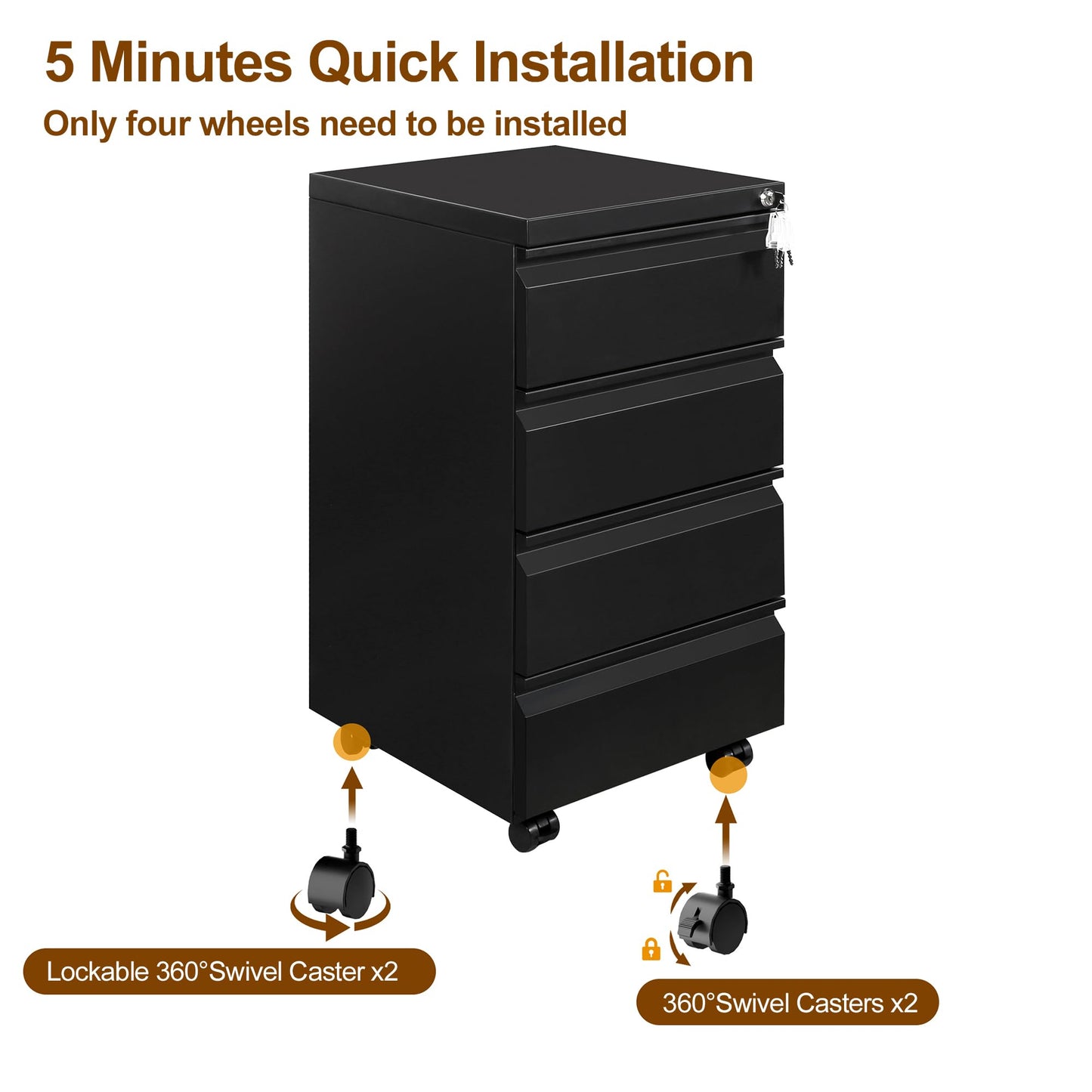 HOMSTEEL 4 Drawers File Cabinet, Metal Filing Cabinet with Lock, Mobile File Cabinet, Fully Assembled Except Casters, for Office, Home Office, Black