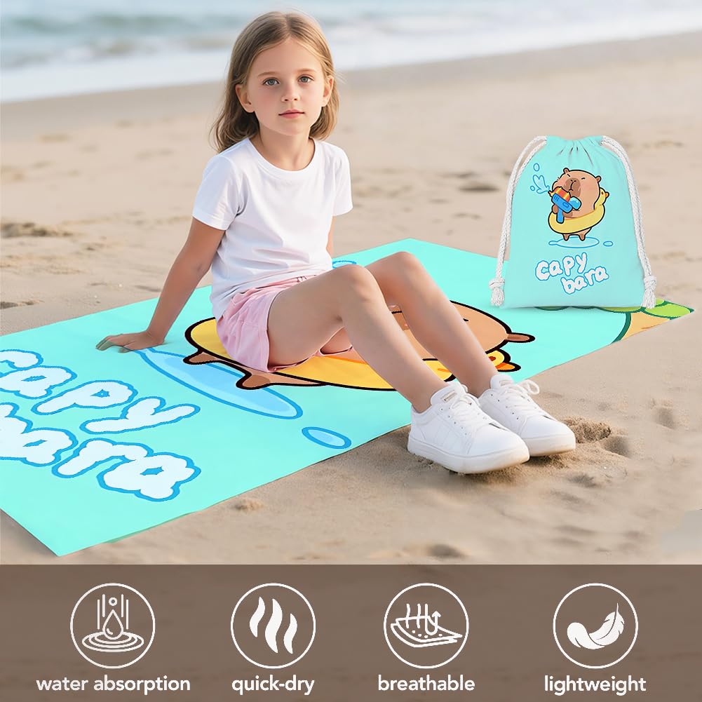 Microfiber Capybara Beach Towel Sand Free Absorbent Extra Large Travel Towels for Adults Kids Microfibre Towels for Adults with Drawstring Bag 2in1