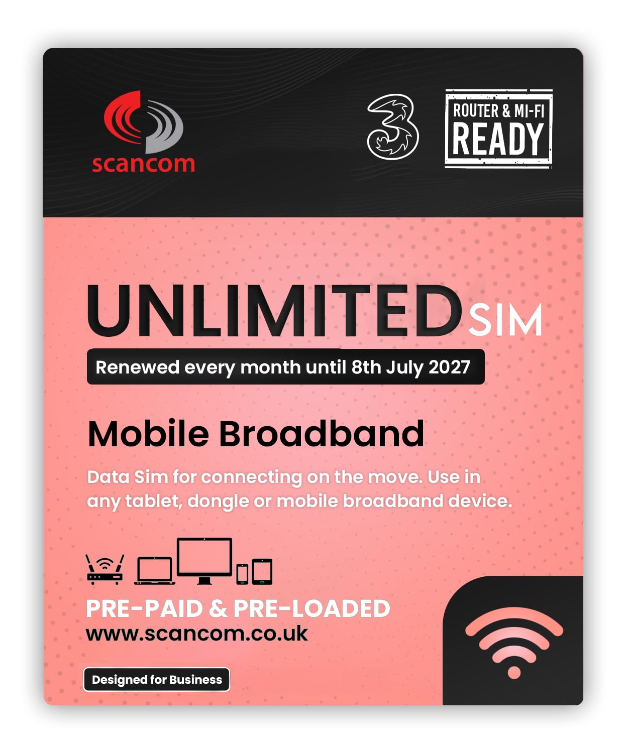 Three Unlimited Data SIM - Uncapped 5G - Preloaded MONTHLY Until July 2027 - Plug & Play for Routers & Phones - Access to Three & Vodafone - Connects