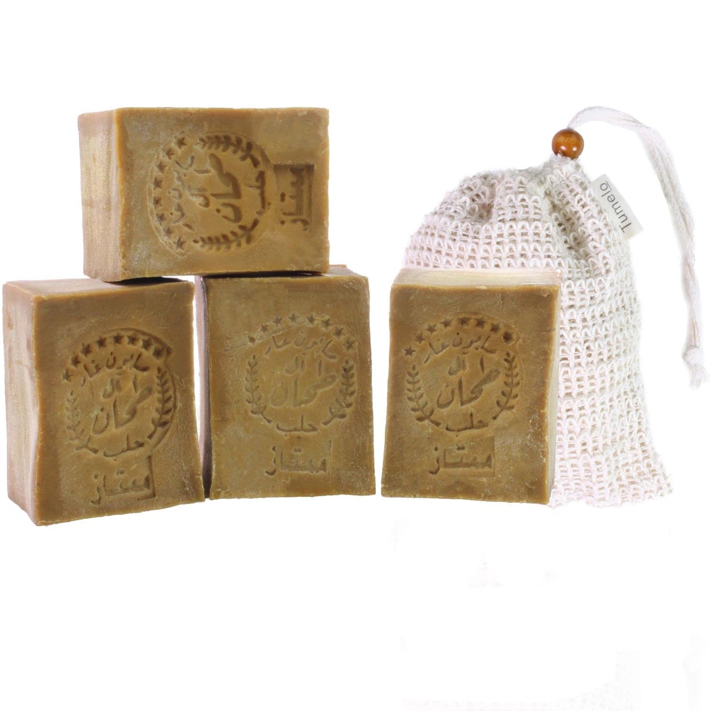 TUMELO Original Aleppo Soap 4 x 200g (800g) 90% Olive Oil 10% Laurel Oil + Soap Pouch - Handmade Olive Oil Soap - Natural Soap - Solid Hair