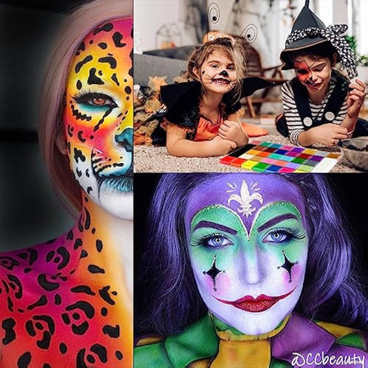 CCbeauty Professional Face Paint Kit with Brushes 36 Colors(22 Regular,8 Metallic and 6 Glow Color) Halloween Neon Body Paint Oil Based SFX Cosplay Large Black White Face Painting Palette