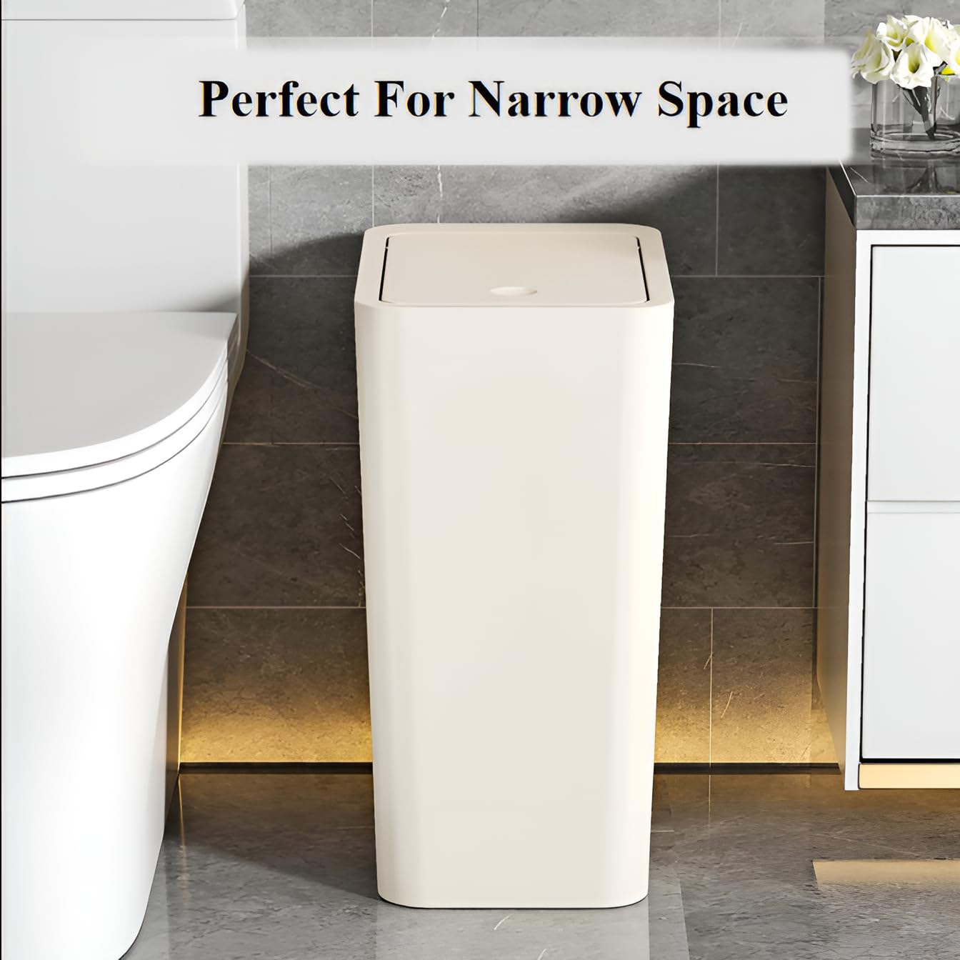 3 Pack Bedroom Bin,10L Slim Bathroom Bin with Lid,Push Button Plastic Waste Bin for Bathroom Anti-Odour,Plastic Thin Trash Can for Office,Living