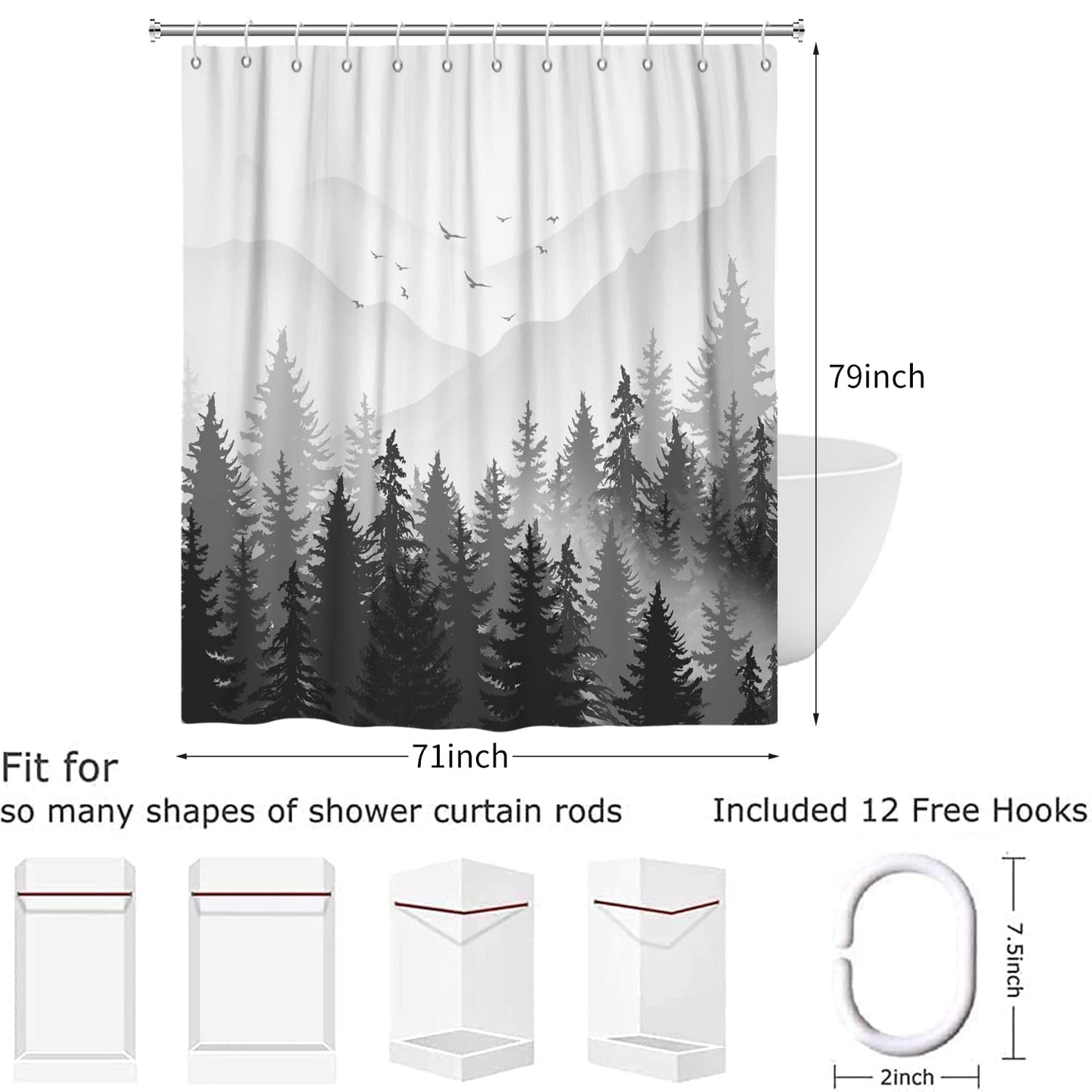 Hnmdmyi Black and White Shower Curtain 180x200, Misty Forest Mountain Ombre Grey Foggy Nature Tree Woodland Landscape Bathroom Curtains Waterproof