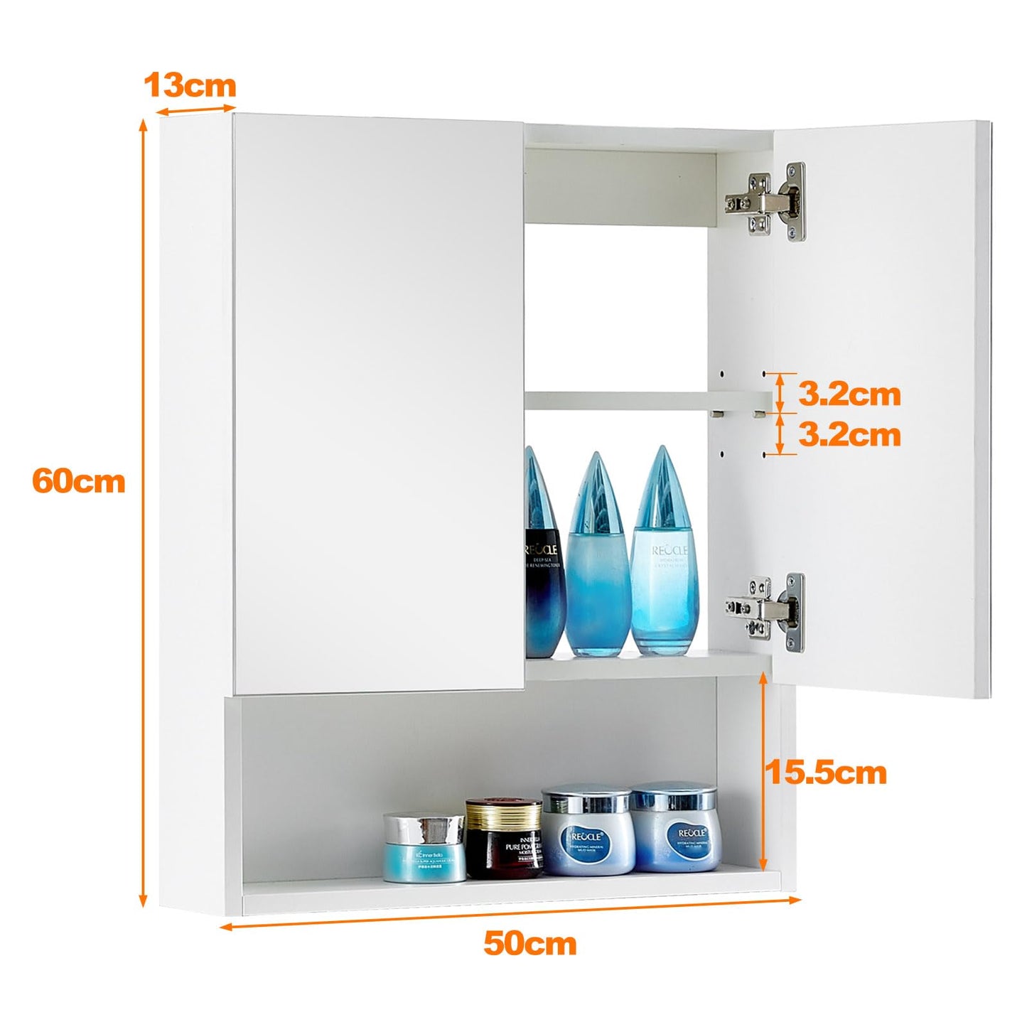 TUKAILAi 2 Door Bathroom Mirror Cabinet with Open Shelf, Wall Mounted