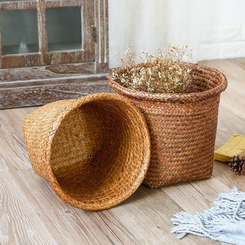 SEWACC 2Pcs Braided Straw Waste Paper Baskets 11.4 Inch Multifunctional Storage Bins for Bedroom Bathroom Office Lightweight Rattan Trash can