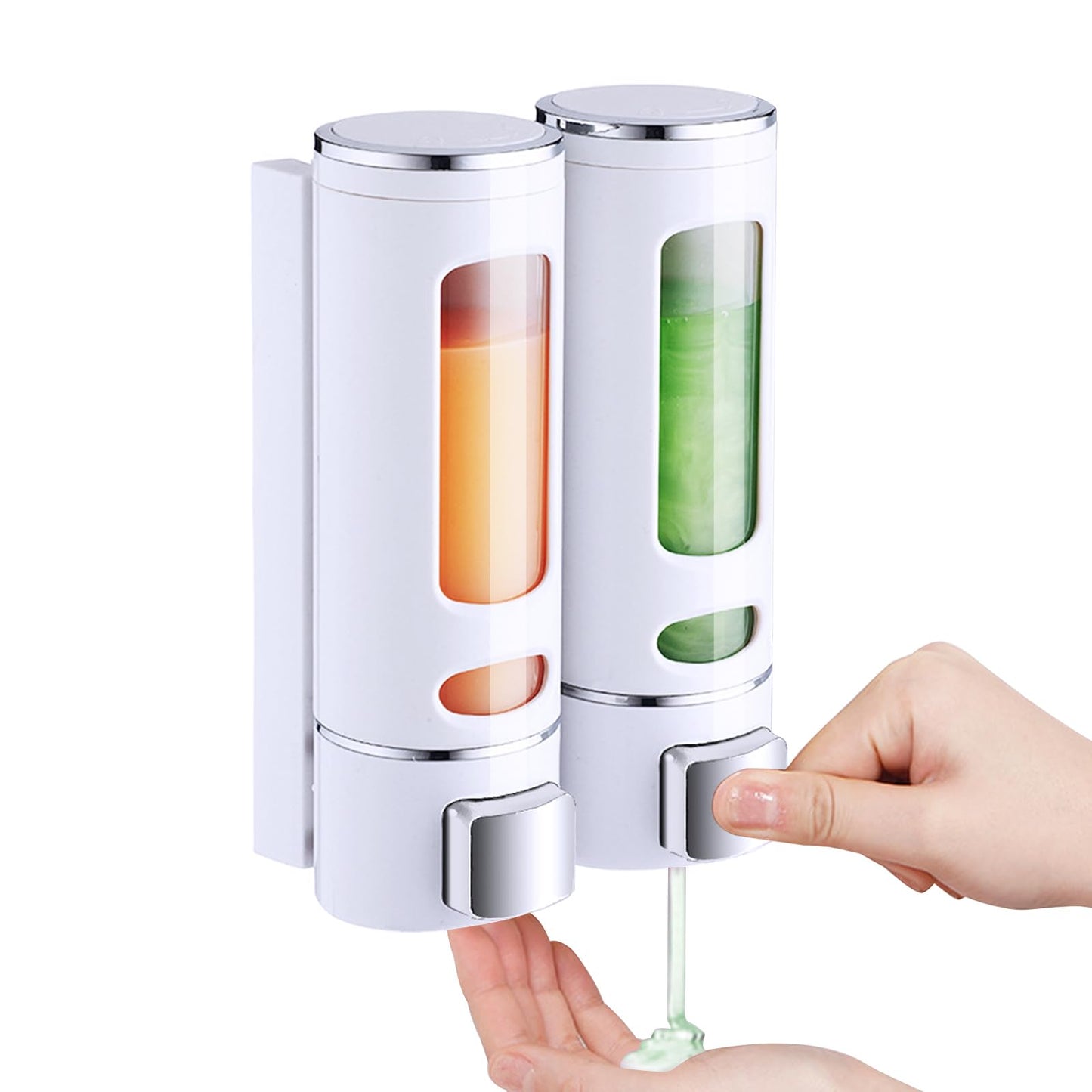 White Soap Dispenser Wall-Mounted, 2 Chamber No-Drill Installation for Liquid Lotion, Shower Gel, Shampoo, Conditioner & Dish Detergent, 400ml Large